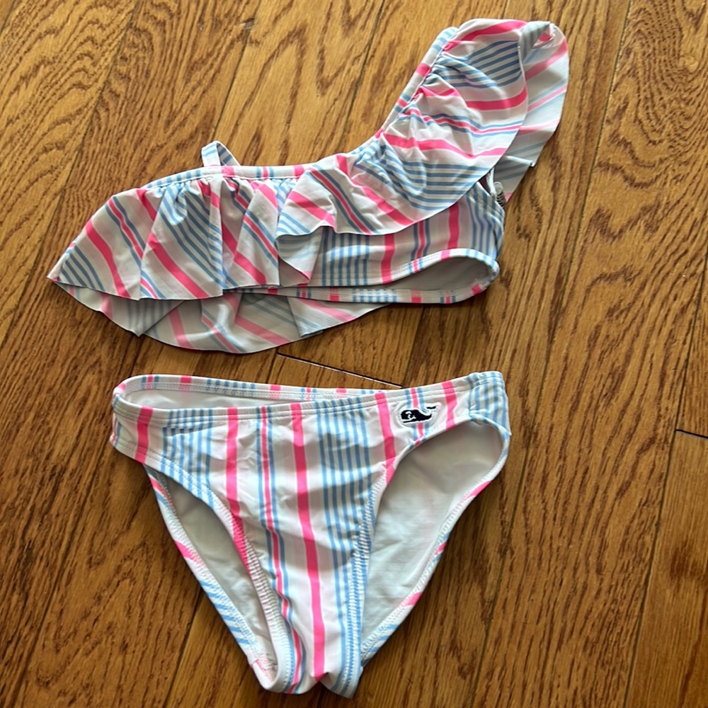 Toddler Girls Vineyard Vines Pink/Blue Stripe 1-Shoulder Whale Bikini. Size 3T